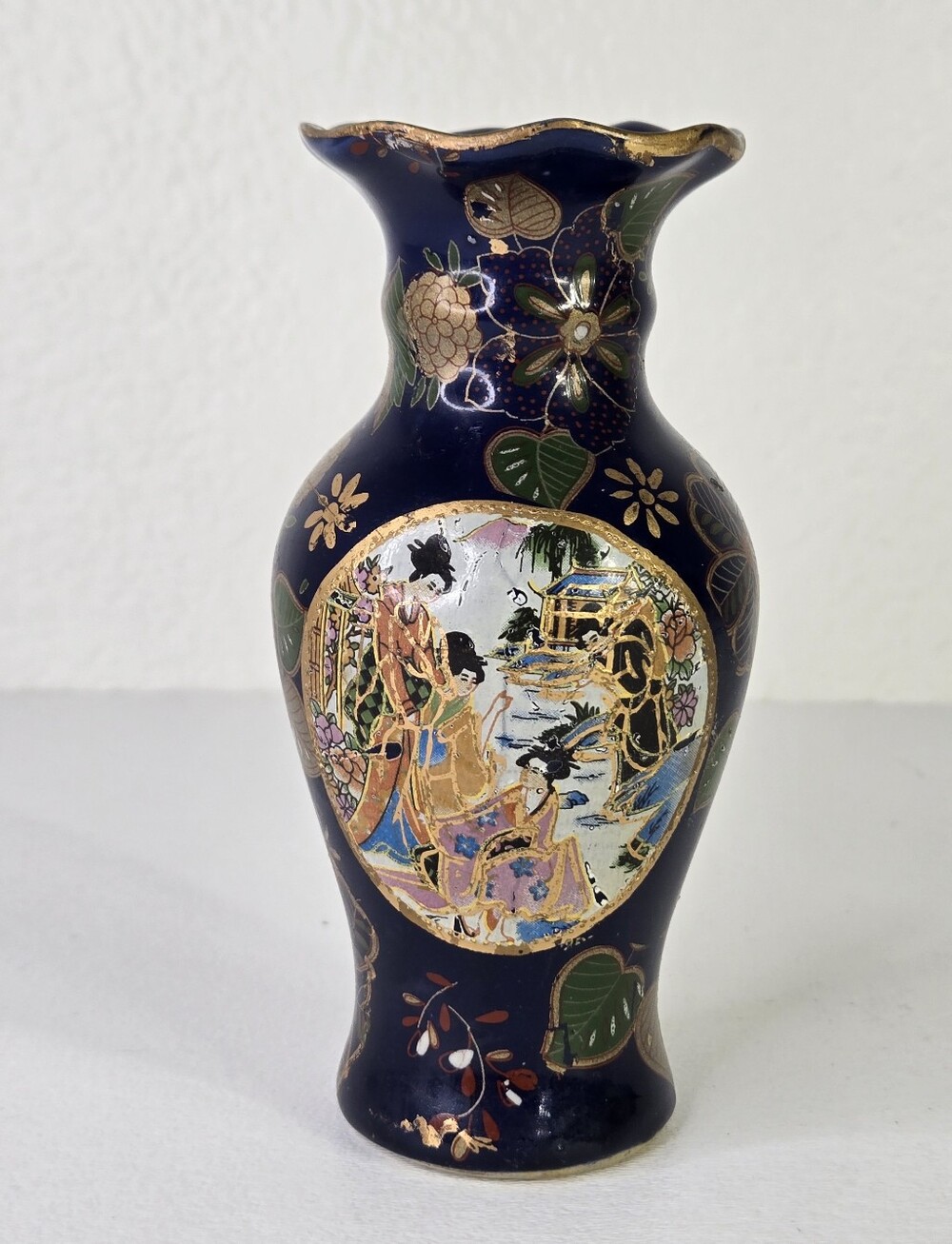 VTG Japanese Satsuma Style Vase Cobalt Blue Gold Hand Painted Geisha Moriage‎ - Picture 1 of 17
